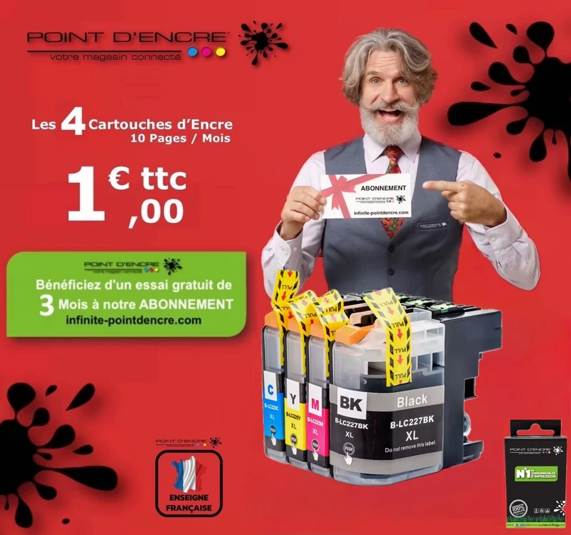 LC225XL / LC227XL - ABONNEMENT - NOIR / CYAN / MAGENTA / JAUNE - Grande capacité de Marque Française POINT D'ENCRE Pour imprimante compatible BROTHER (ceb)