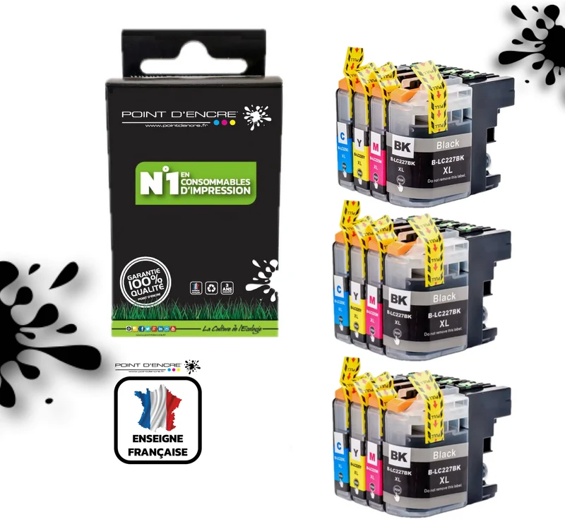 LC225XL / LC227XL - 3 X NOIR / CYAN / MAGENTA / JAUNE - Grande capacité de Marque Française POINT D'ENCRE Pour imprimante compatible BROTHER (ceb)
