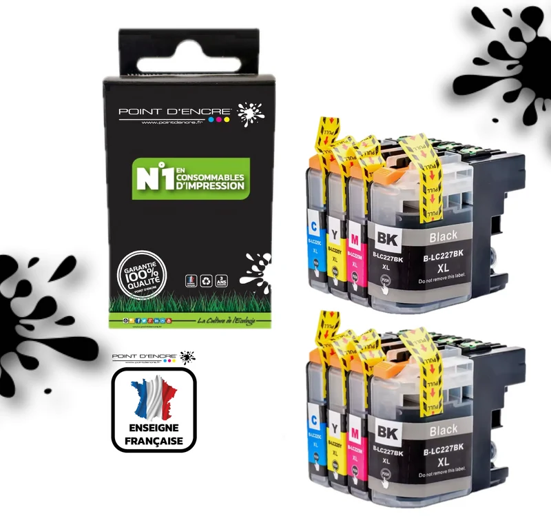 LC225XL / LC227XL - 2 X NOIR / CYAN / MAGENTA / JAUNE - Grande capacité de Marque Française POINT D'ENCRE Pour imprimante compatible BROTHER (ceb)