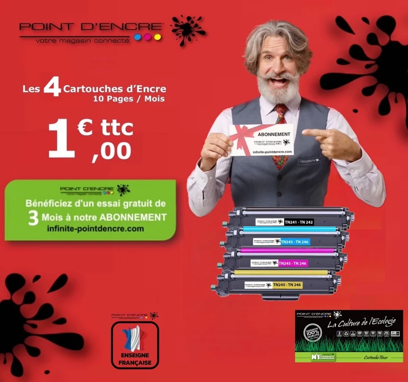 TN241 / TN245 / TN242 / TN246 - ABONNEMENT - NOIR / CYAN / MAGENTA / JAUNE - Grande capacité Marque Francaise POINT D'ENCRE pour Imprimantes compatibles Brother (clbr)