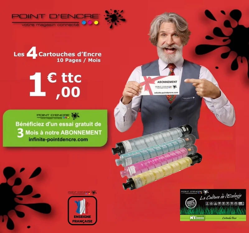841925 - NOIR / 841928 - CYAN / 841927 - MAGENTA / 841926 - JAUNE - ABONNEMENT - Grande capacité de Marque Française POINT D'ENCRE Pour imprimante compatible Ricoh (clric)