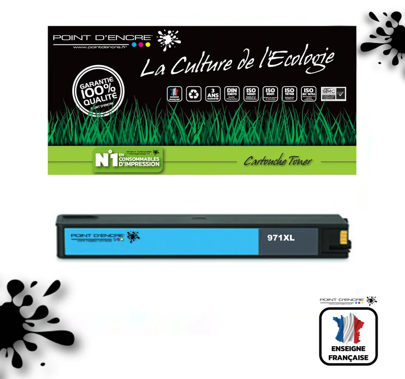 971XL - CYAN - Grande capacité de Marque Française POINT D'ENCRE Pour imprimante compatible HP (clhp)