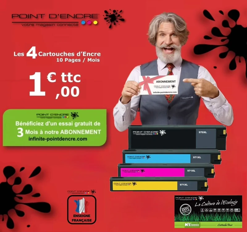 970XL / 971XL - ABONNEMENT - NOIR / CYAN / MAGENTA / JAUNE - Grande capacité de Marque Française POINT D'ENCRE Pour imprimante compatible HP (clhp)