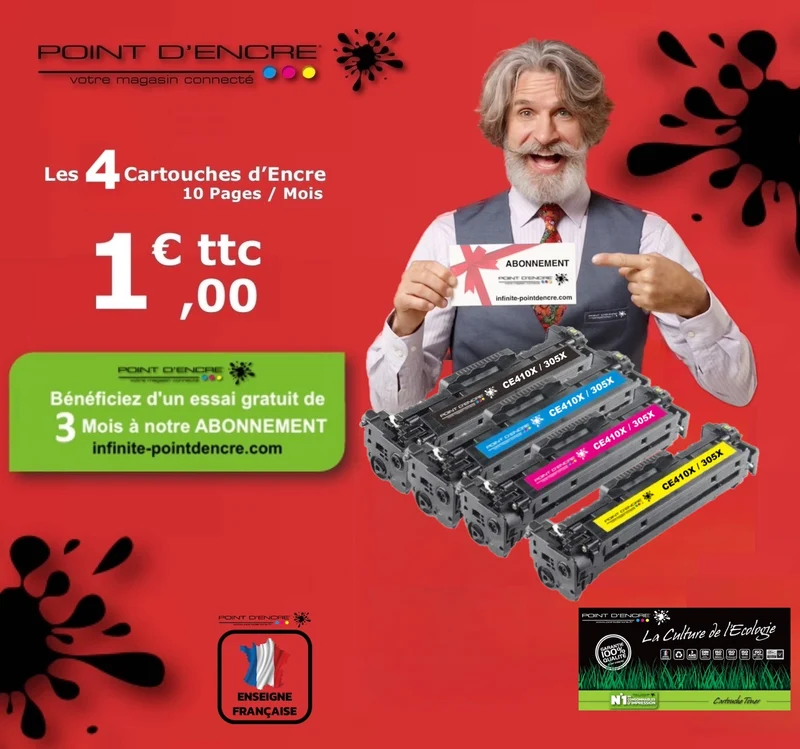 305X / CE410X - ABONNEMENT - NOIR / CYAN / MAGENTA / JAUNE - Grande capacité Marque Francaise POINT D'ENCRE pour Imprimantes compatibles HP (clhp)