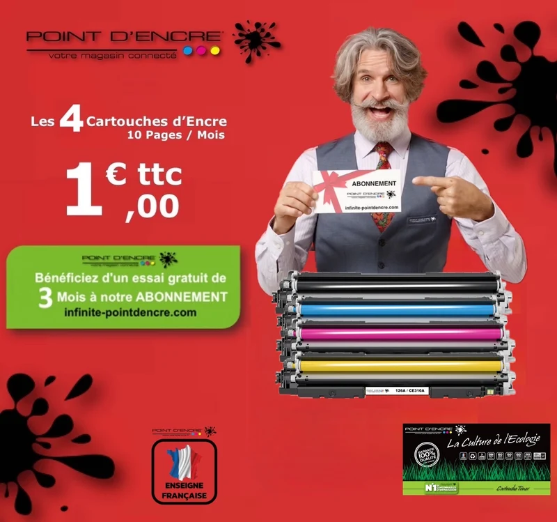 126A / CE310A - ABONNEMENT - NOIR / CYAN / MAGENTA / JAUNE - Grande capacité Marque Francaise POINT D'ENCRE pour Imprimantes compatibles HP (clhp)