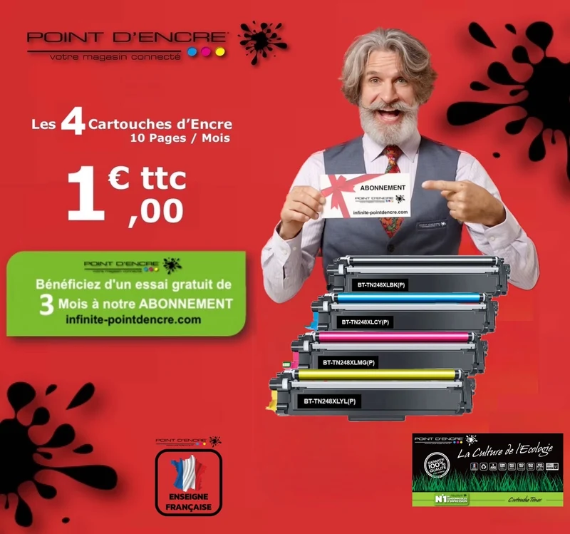 TN248XL - ABONNEMENT - NOIR / CYAN / MAGENTA / JAUNE - Grande capacité Marque Francaise POINT D'ENCRE pour Imprimantes compatibles Brother (clbr)