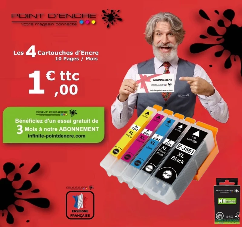 33XL - Orange - ABONNEMENT - NOIR / CYAN / MAGENTA / JAUNE / NOIR PHOTO - Grande capacité de Marque Francaise POINT D'ENCRE Pour imprimante compatible EPSON (cee)