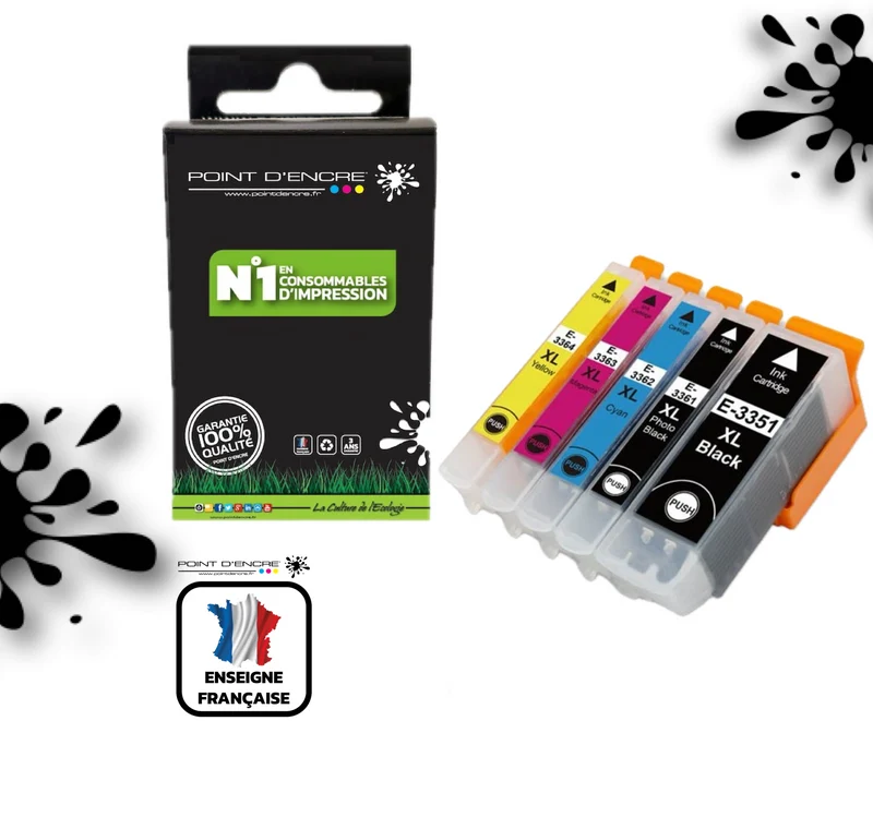 33XL - Orange - NOIR / CYAN / MAGENTA / JAUNE / NOIR PHOTO - Grande capacité de Marque Francaise POINT D'ENCRE Pour imprimante compatible EPSON (cee)