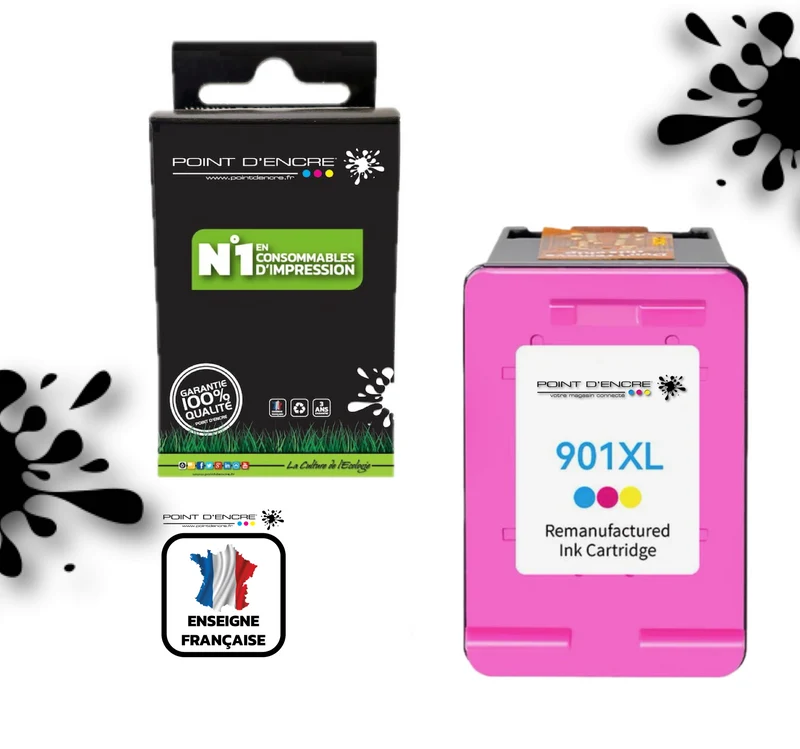 901XL / 901 - COULEUR - Grande capacité de Marque Francaise POINT D'ENCRE - Pour imprimante compatible HP (cehp)