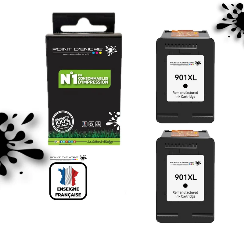 901XL / 901 - 2 X NOIR - Grande capacité de Marque Francaise POINT D'ENCRE - Pour imprimante compatible HP (cehp)