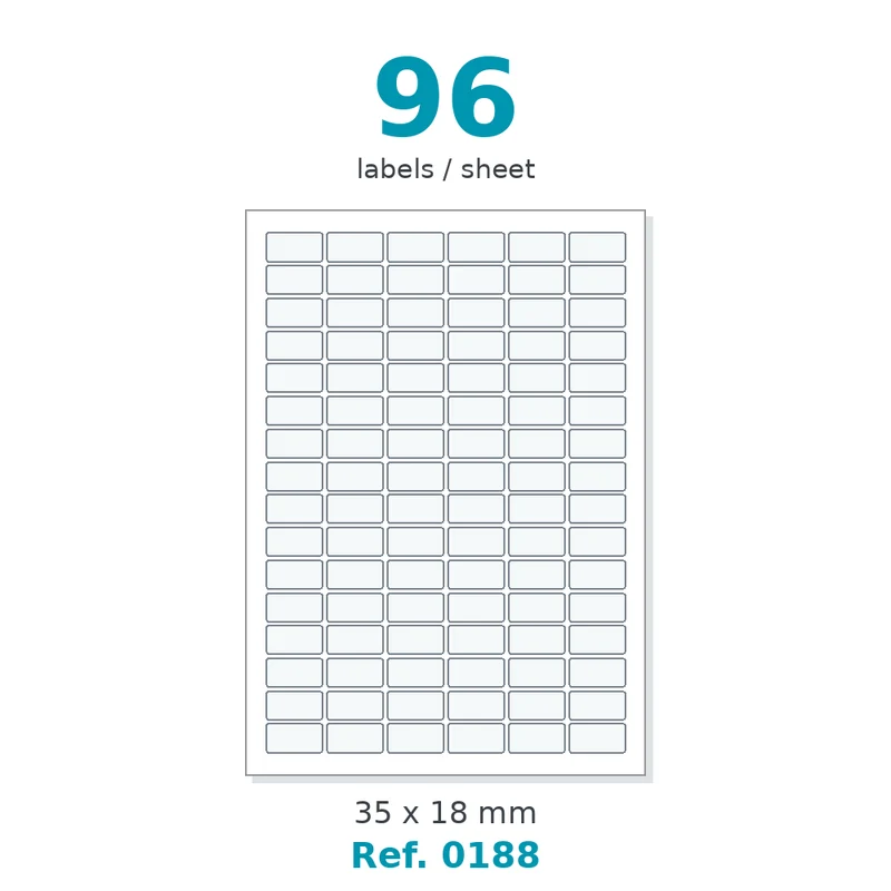 Planche A4 étiquettes velin blanc 35 x 18 mm - 96 étiq./planche - carton de 10 boîtes (200 planches/boîte) - Réf. 0188
