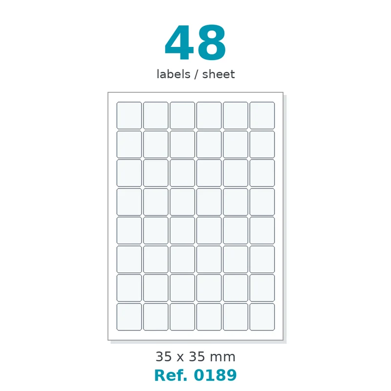 Planche A4 étiquettes velin blanc 35 x 35 mm - 48 étiq./planche - carton de 10 boîtes (200 planches/boîte) - Réf. 0189