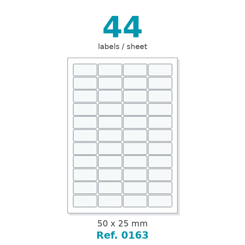 Planche A4 étiquettes velin blanc 50 x 25 mm - 44 étiq./planche - carton de 10 boîtes (100 planches/boîte) - Réf. 0163