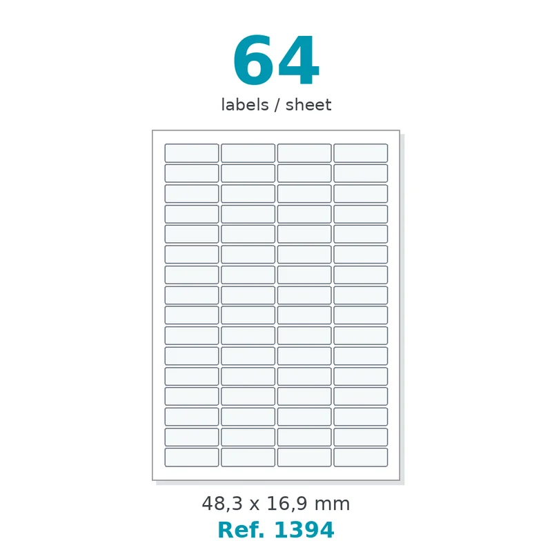 Planche A4 étiquettes velin blanc 48,3 x 16,9 mm - 64 étiq./planche - carton de 10 boîtes (100 planches/boîte) - Réf. 1394