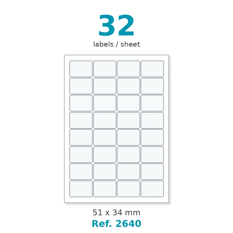 Planche A4 étiquettes velin blanc 51 x 34 mm - 32 étiq./planche - carton de 10 boîtes (500 planches/boîte) - Réf. 2640