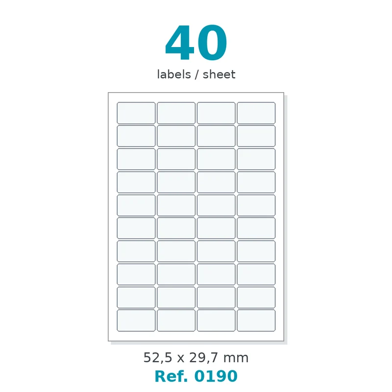 Planche A4 étiquettes velin blanc 52,5 x 29,7 mm - 40 étiq./planche - carton de 10 boîtes (200 planches/boîte) - Réf. 0190