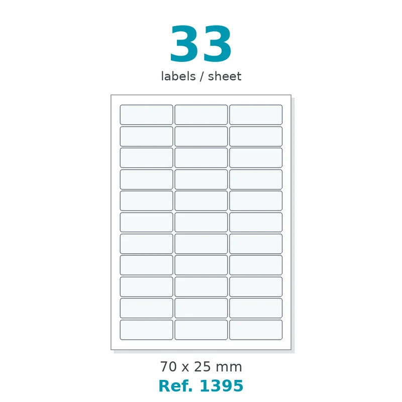 Planche A4 étiquettes velin blanc 70 x 25 mm - 33 étiq./planche - carton de 10 boîtes (100 planches/boîte) - Réf. 1395