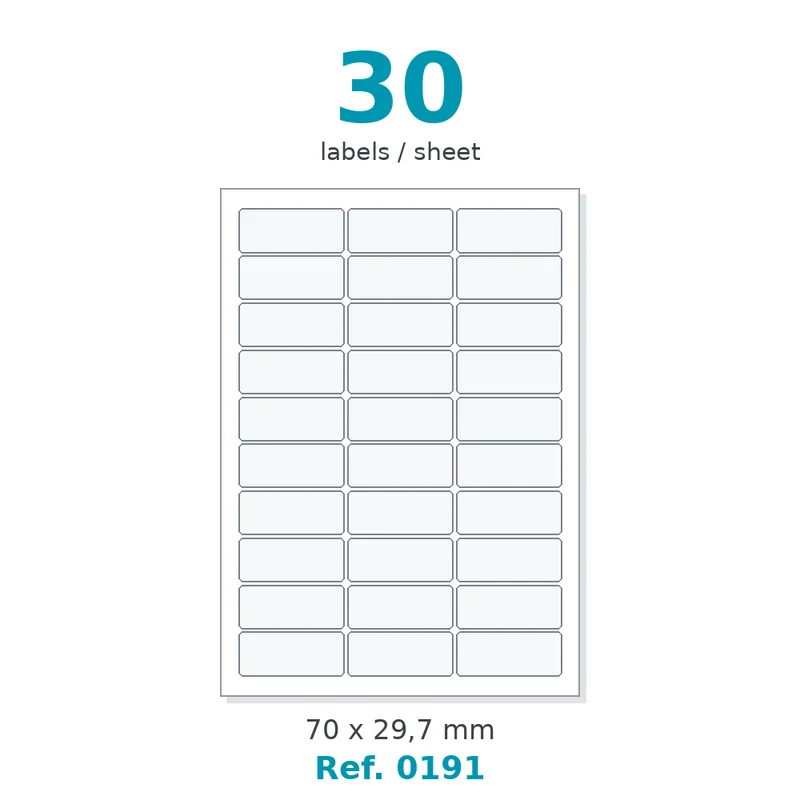 Planche A4 étiquettes velin blanc 70 x 29,7 mm - 30 étiq./planche - carton de 10 boîtes (200 planches/boîte) - Réf. 0191