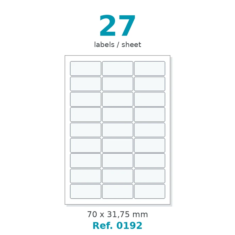 Planche A4 étiquettes velin blanc 70 x 31,75 mm - 27 étiq./planche - carton de 10 boîtes (200 planches/boîte) - Réf. 0192