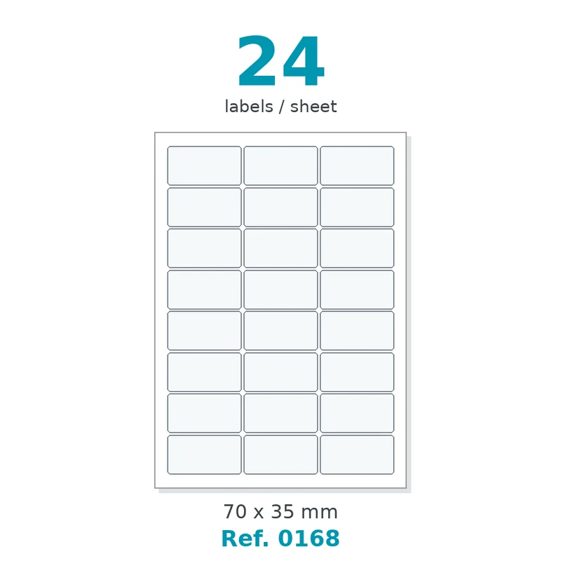 Planche A4 étiquettes velin blanc 70 x 35 mm - 24 étiq./planche - carton de 10 boîtes (100 planches/boîte) - Réf. 0168