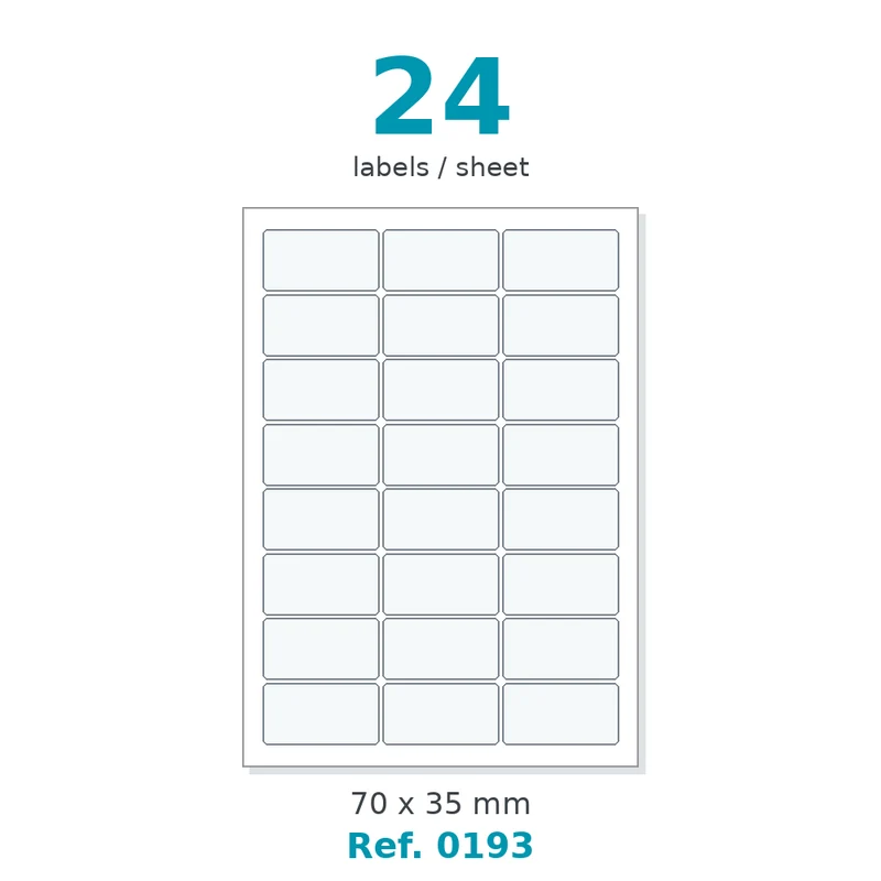 Planche A4 étiquettes velin blanc 70 x 35 mm - 24 étiq./planche - carton de 10 boîtes (200 planches/boîte) - Réf. 0193