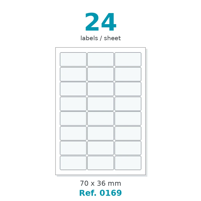 Planche A4 étiquettes velin blanc 70 x 36 mm - 24 étiq./planche - carton de 10 boîtes (100 planches/boîte) - Réf. 0169
