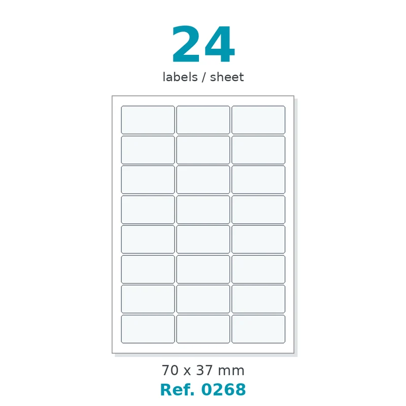 Planche A4 étiquettes velin blanc 70 x 37 mm - 24 étiq./planche - carton de 10 boîtes (100 planches/boîte) - Réf. 0268