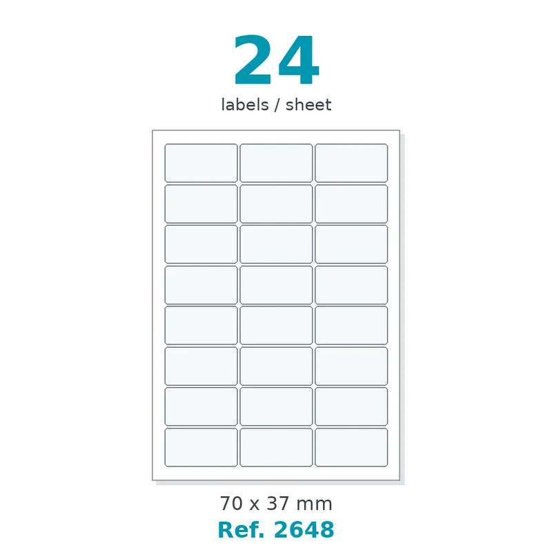 Planche A4 étiquettes velin blanc 70 x 37 mm - 24 étiq./planche - carton de 10 boîtes (500 planches/boîte) - Réf. 2648