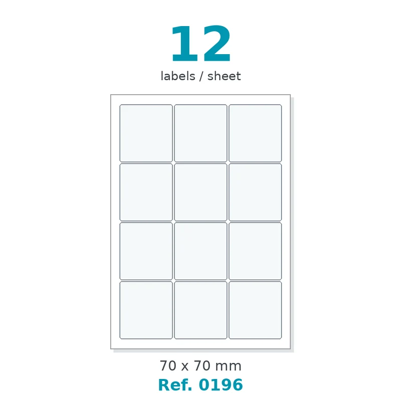 Planche A4 étiquettes velin blanc 70 x 70 mm - 12 étiq./planche - carton de 10 boîtes (200 planches/boîte) - Réf. 0196