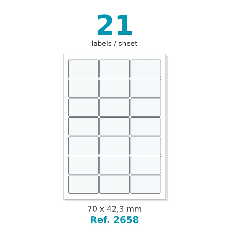 Planche A4 étiquettes velin blanc 70 x 42,3 mm - 21 étiq./planche - carton de 10 boîtes (100 planches/boîte) - Réf. 2658
