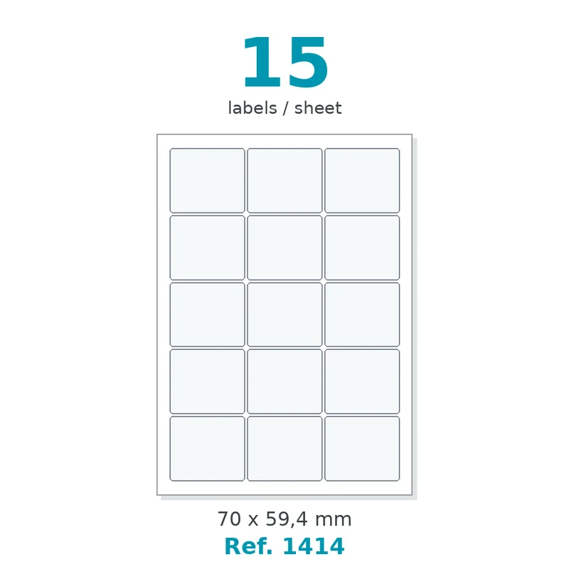 Planche A4 étiquettes velin blanc 70 x 59,4 mm - 15 étiq./planche - carton de 10 boîtes (200 planches/boîte) - Réf. 1414
