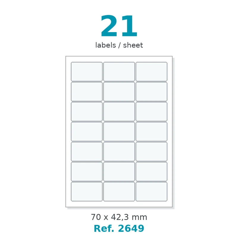 Planche A4 étiquettes velin blanc 70 x 42,3 mm - 21 étiq./planche - carton de 10 boîtes (500 planches/boîte) - Réf. 2649
