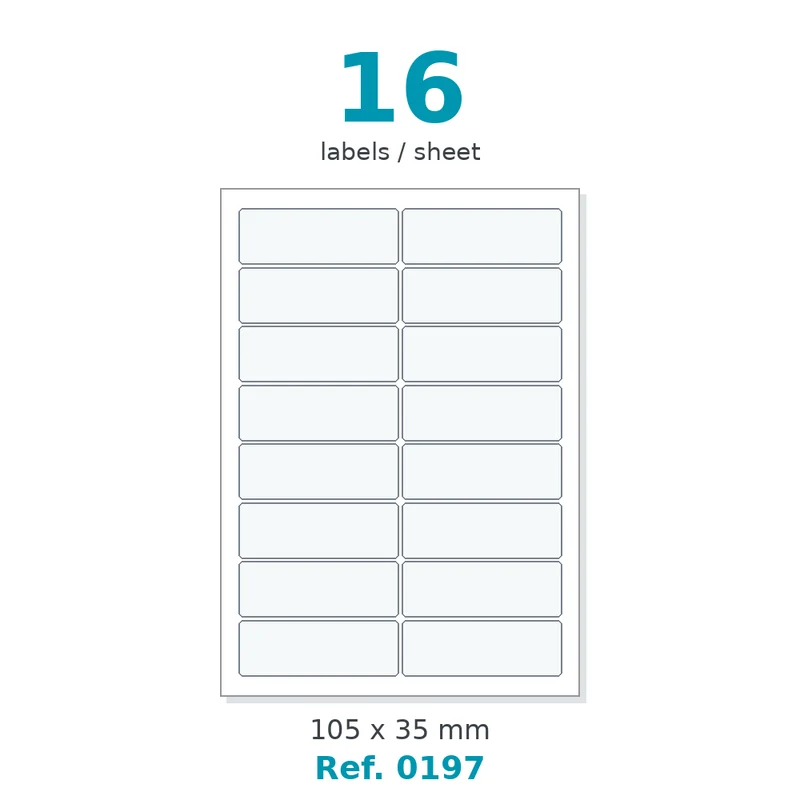 Planche A4 étiquettes velin blanc 105 x 35 mm - 16 étiq./planche - carton de 10 boîtes (200 planches/boîte) - Réf. 0197