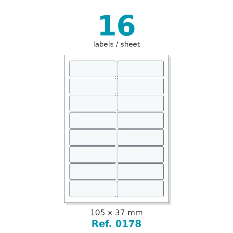Planche A4 étiquettes velin blanc 105 x 37 mm - 16 étiq./planche - carton de 10 boîtes (100 planches/boîte) - Réf. 0178