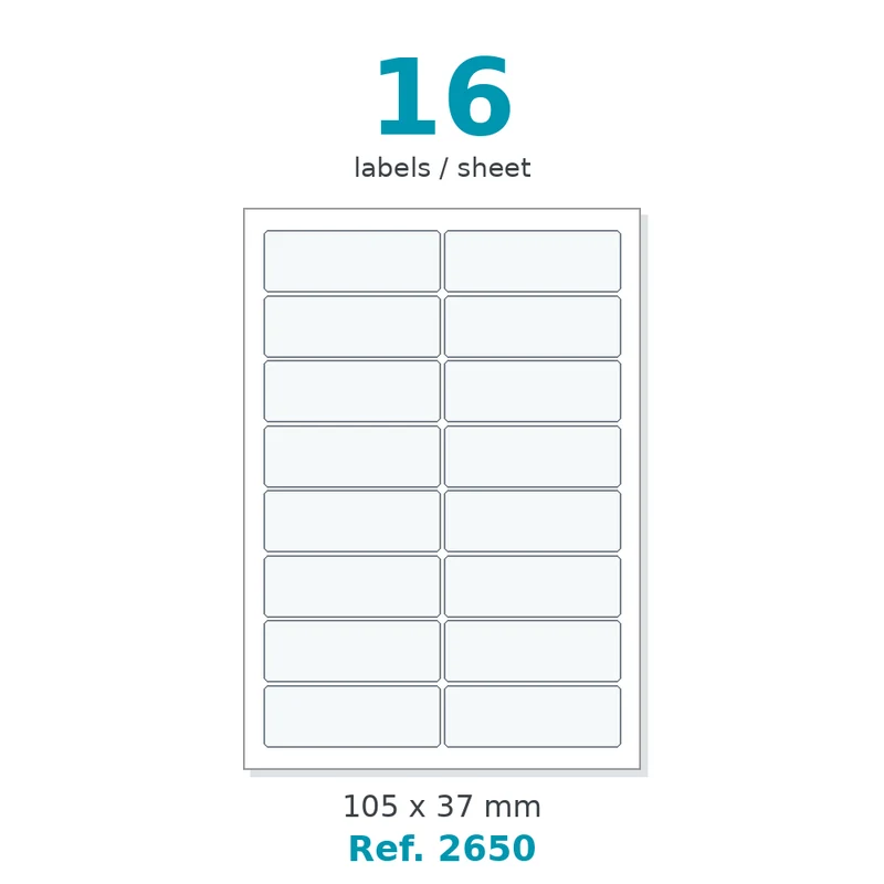 Planche A4 étiquettes velin blanc 105 x 37 mm - 16 étiq./planche - carton de 10 boîtes (500 planches/boîte) - Réf. 2650
