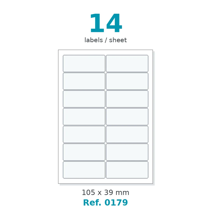 Planche A4 étiquettes velin blanc 105 x 39 mm - 14 étiq./planche - carton de 10 boîtes (100 planches/boîte) - Réf. 0179