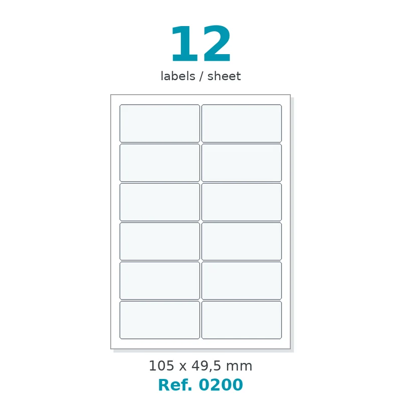Planche A4 étiquettes velin blanc 105 x 49,5 mm - 12 étiq./planche - carton de 10 boîtes (200 planches/boîte) - Réf. 0200