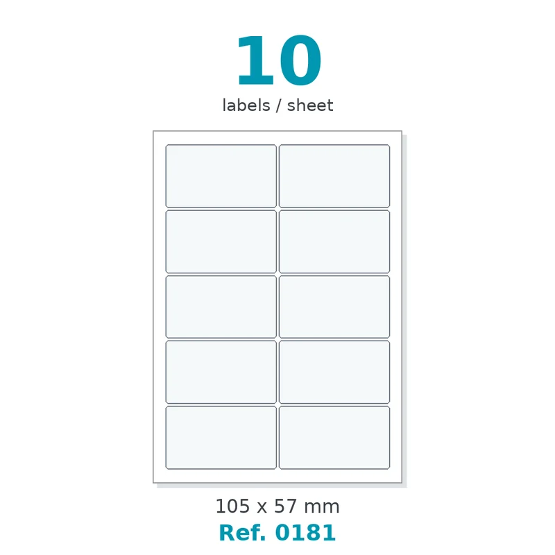 Planche A4 étiquettes velin blanc 105 x 57 mm - 10 étiq./planche - carton de 10 boîtes (100 planches/boîte) - Réf. 0181