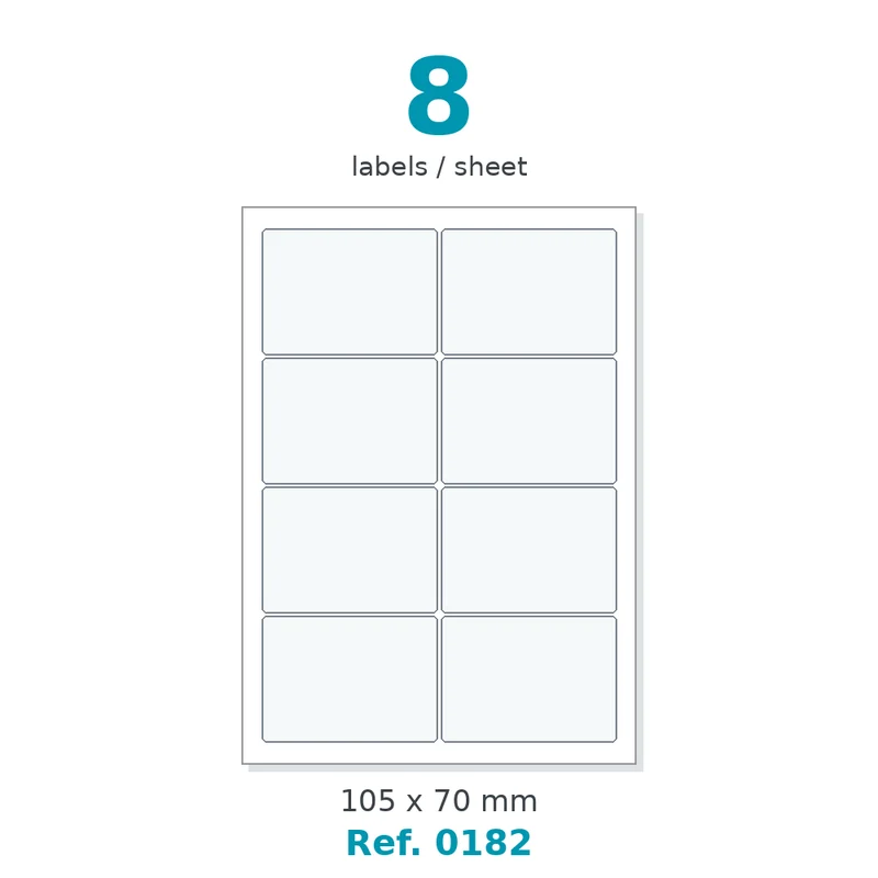 Planche A4 étiquettes velin blanc 105 x 70 mm - 8 étiq./planche - carton de 10 boîtes (100 planches/boîte) - Réf. 0182