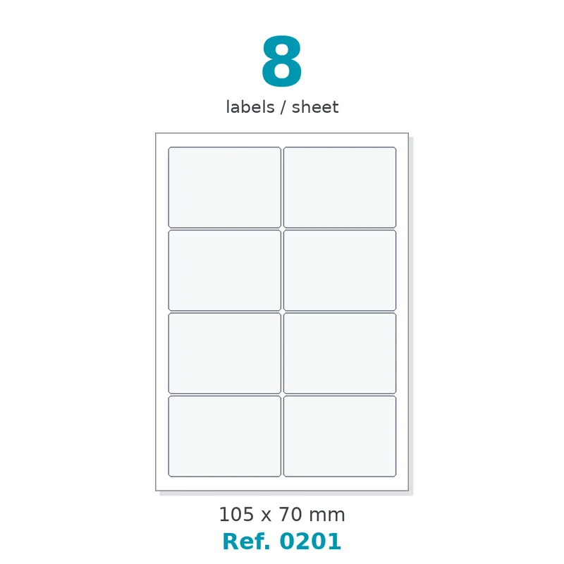 Planche A4 étiquettes velin blanc 105 x 70 mm - 8 étiq./planche - carton de 10 boîtes (200 planches/boîte) - Réf. 0201