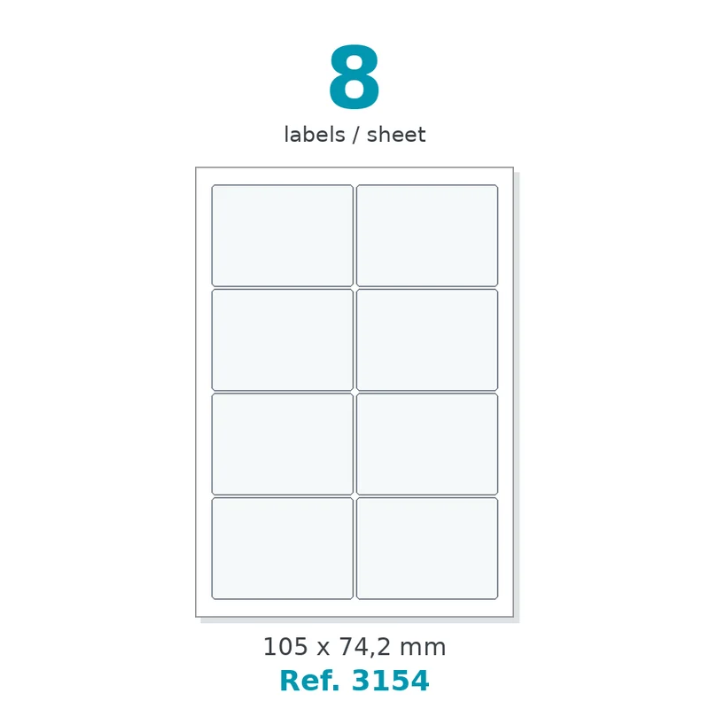 Planche A4 étiquettes velin blanc 105 x 74,2 mm - 8 étiq./planche - carton de 10 boîtes (500 planches/boîte) - Réf. 3154