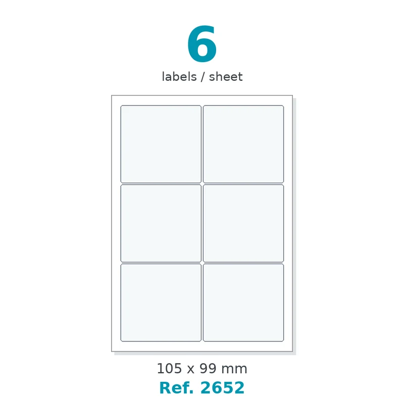Planche A4 étiquettes velin blanc 105 x 99 mm - 6 étiq./planche - carton de 10 boîtes (500 planches/boîte) - Réf. 2652