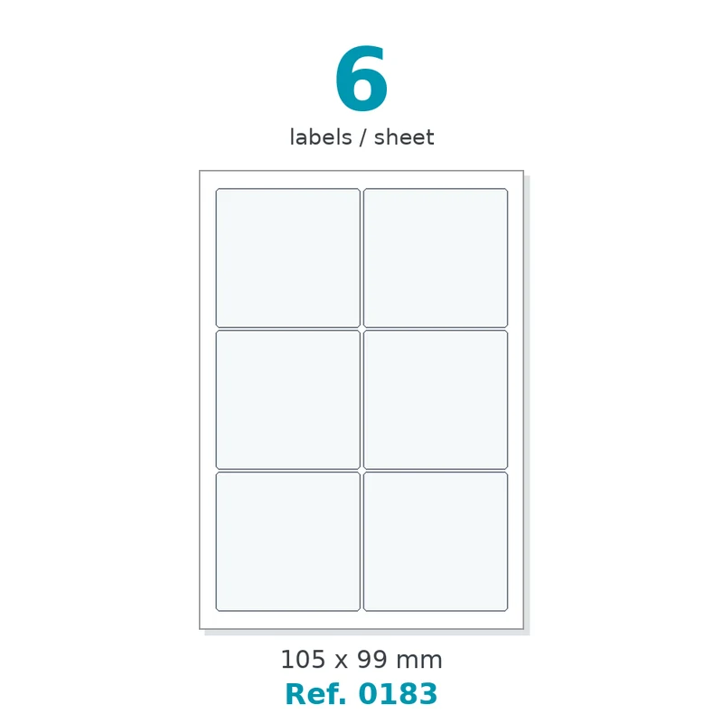 Planche A4 étiquettes velin blanc 105 x 99 mm - 6 étiq./planche - carton de 10 boîtes (100 planches/boîte) - Réf. 0183