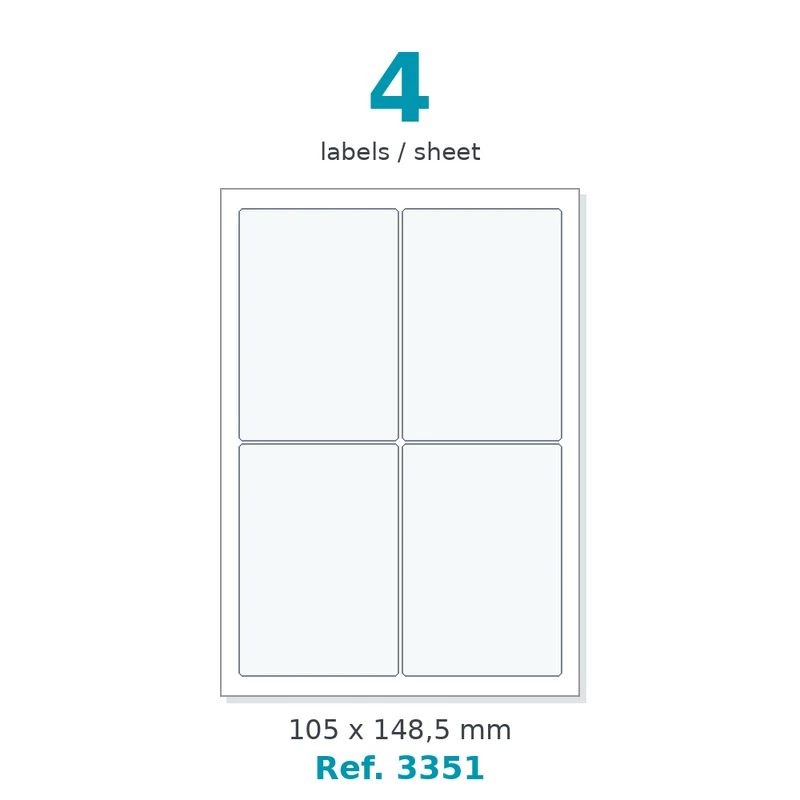 Planche A4 étiquettes velin blanc 105 x 148,5 mm - 4 étiq./planche - carton de 10 boîtes (100 planches/boîte) - Réf. 3351