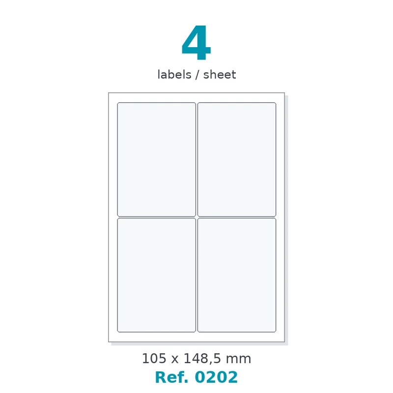 Planche A4 étiquettes velin blanc 105 x 148,5 mm - 4 étiq./planche - carton de 10 boîtes (200 planches/boîte) - Réf. 0202