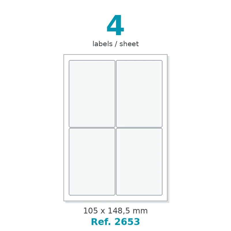 Planche A4 étiquettes velin blanc 105 x 148,5 mm - 4 étiq./planche - carton de 10 boîtes (500 planches/boîte) - Réf. 2653