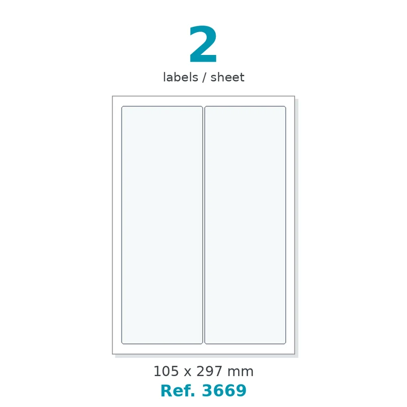 Planche A4 étiquettes velin blanc 105 x 297 mm - 2 étiq./planche - carton de 10 boîtes (500 planches/boîte) - Réf. 3669