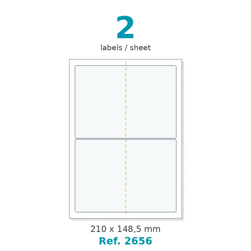 Planche A4 étiquettes velin blanc 210 x 148,5 mm - 2 étiq./planche - carton de 10 boîtes (500 planches/boîte) - Réf. 2656