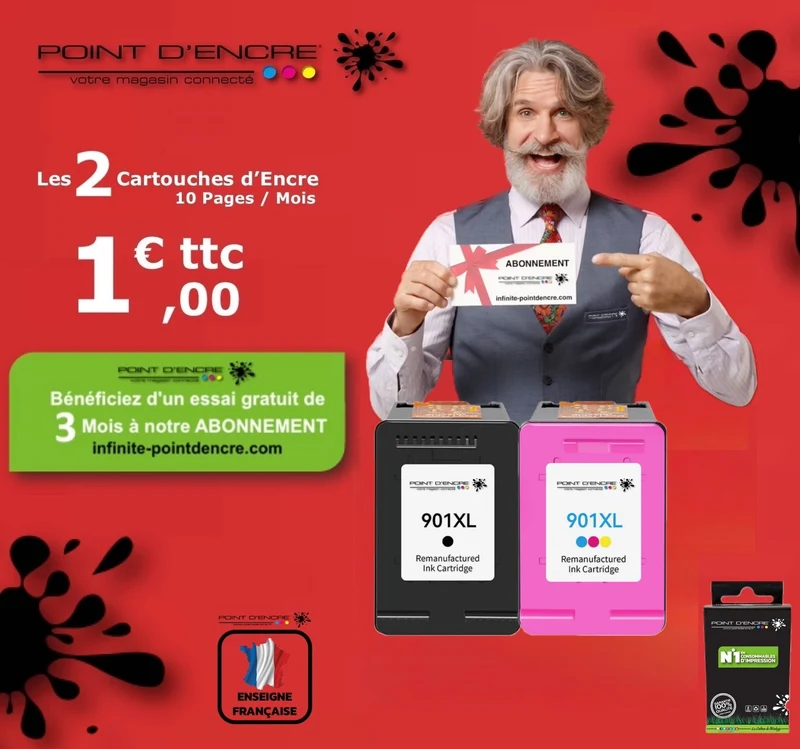 901XL / 901 - ABONNEMENT - NOIR / COULEUR - Grande capacité de Marque Francaise POINT D'ENCRE - Pour imprimante compatible HP (cehp)