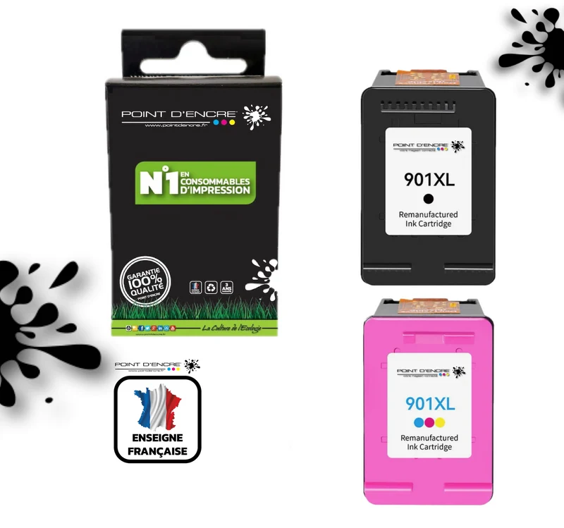 901XL / 901 - NOIR / COULEUR - Grande capacité de Marque Francaise POINT D'ENCRE - Pour imprimante compatible HP (cehp)